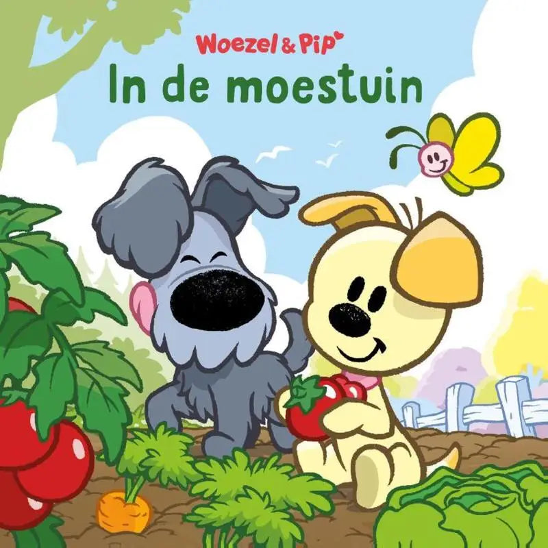 Een vrolijke gele puppy met een rode tomaat in de poten in woelzel en pip in de moestuin voor jonge lezers