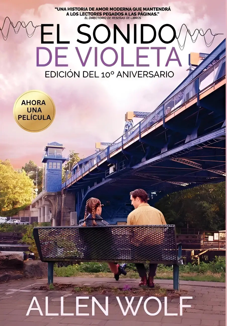 Cover van de tienjarige editie paperback roman sonido de violeta van allen wolf met romantische scène onder boogbrug