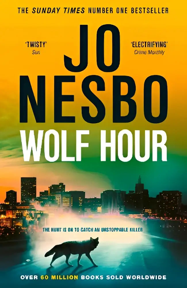 De boekomslag van wolf hour door Jo Nesbo toont vet zwarte letters op een gele naar groene achtergrond met een wolven silhouet