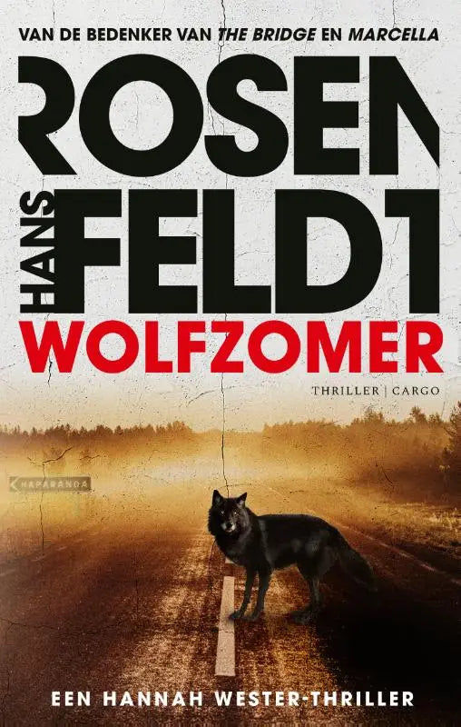 Black wolf standing on a misty road in a gritty illustration style for wolfzomer by hannah wester