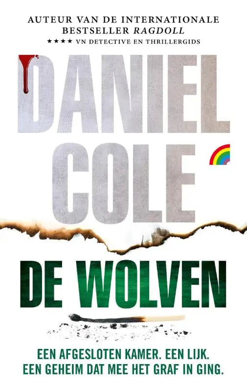 De wolven boekcover van daniel cole met opvallende groene titel en zilveren tekst op witte scheurrand achtergrond