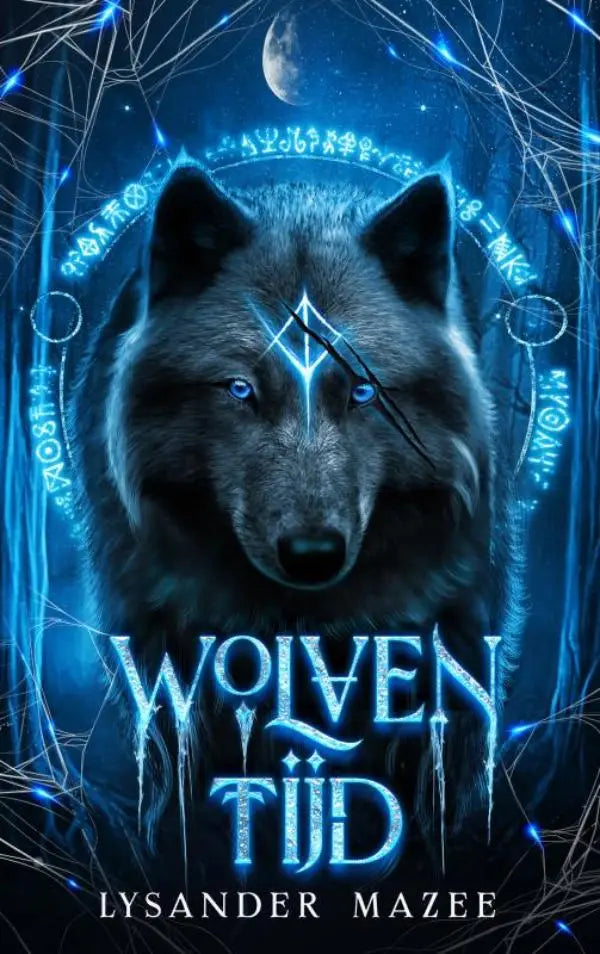 Donkere grijze wolf met gloeiende blauwe ogen en mystiek ijsachtig ontwerp op de wolventijd fantasy wolf van lysander mazee