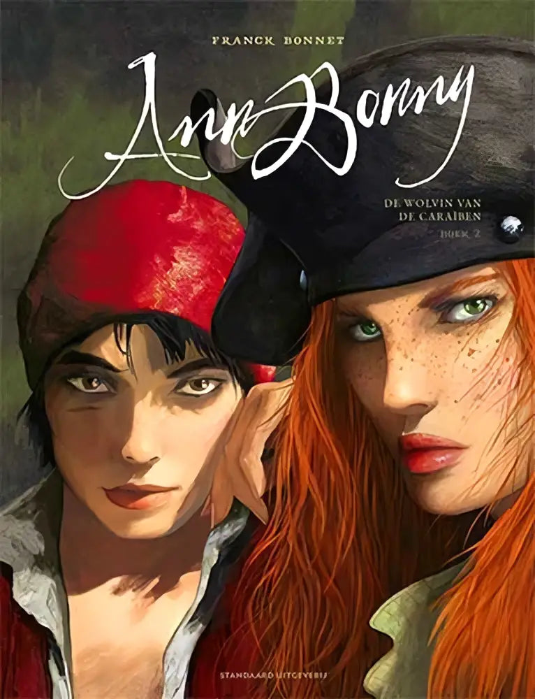 De wolvin van de caraïben graphic novel cover met franck bonnet illustratie van ann bonny met rode en zwarte hoofddeksels