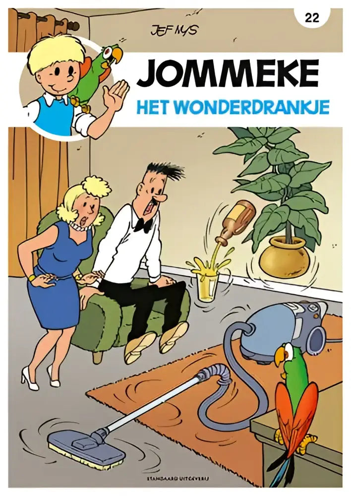 Een groene en rode papegaai die op de slang van een stofzuiger zit bij het product het wonderdrankje
