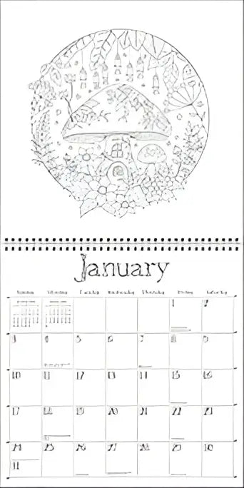 Zwart-wit spiraalgebonden johanna basford kalender met gedetailleerde cirkelillustratie van paddenstoel en bladeren voor januari