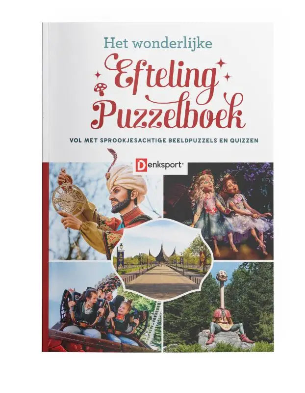 Wit puzzelboek met rode en zwarte titel van het wonderlijke efteling puzzelboek met traditionele afbeeldingen en attracties