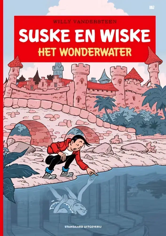 De cover van het suske en wiske stripboek het wonderwater door willy vandersteen met roze stenen kastelen en palmbomen