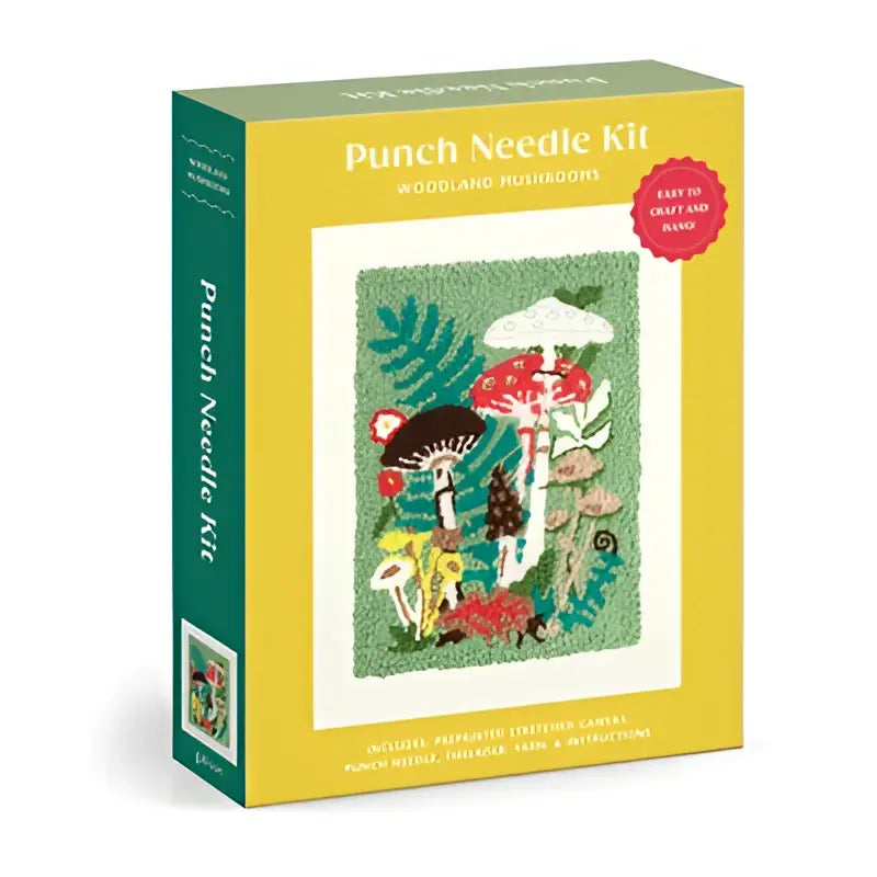 Gele doos met woodland mushrooms punch needle kit voor handwerk met paddenstoelenontwerp