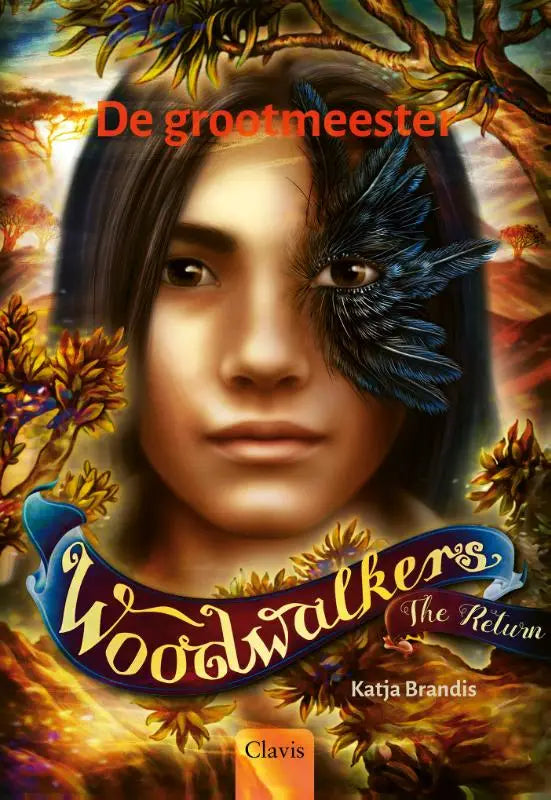 De cover van het boek woodwalkers the return door katja brandis toont een jong persoon met blauw verenkleed bij het oog tegen een herfstige achtergrond