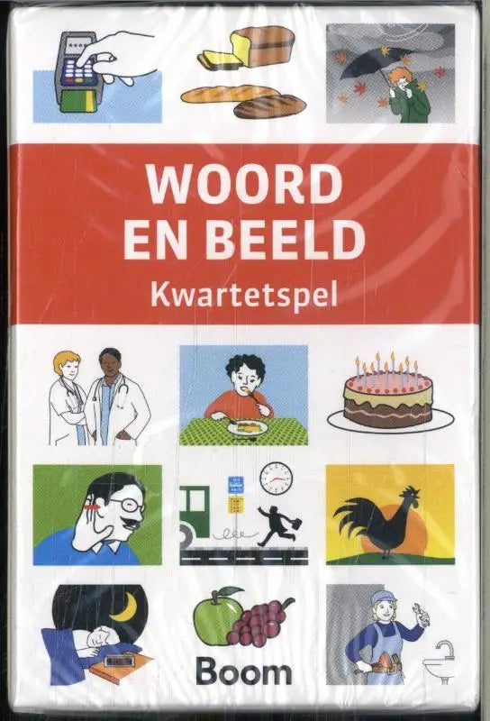 De cover van het woord en beeld kwartetspel met kleurrijke cartoonillustraties op een witte en rode achtergrond