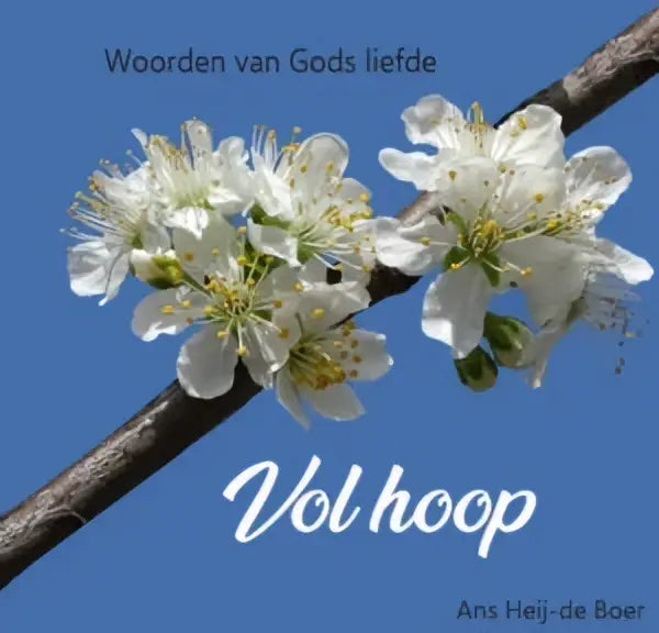 Witte bloesems met gele hartjes op een donkere tak bij helderblauwe lucht in woorden van gods liefde van ans heij scholten uitgeverij