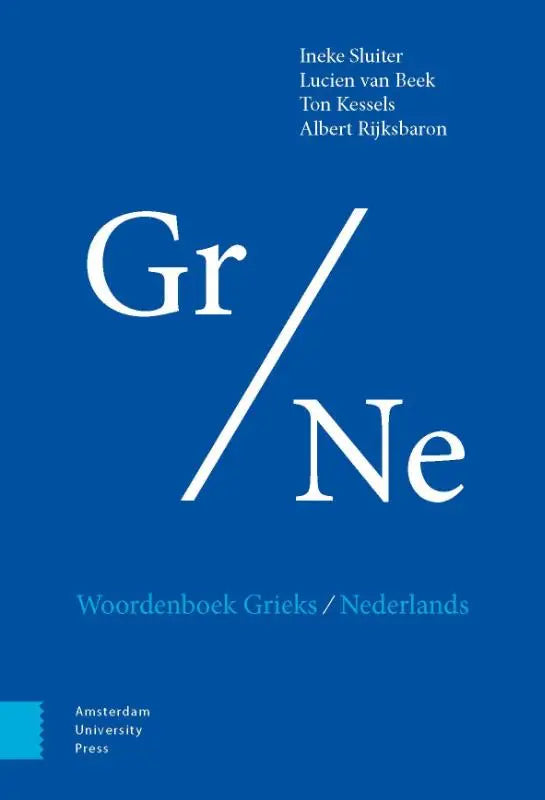 Blauwe boekomslag met witte tekst woordenboek grieks nederlands van amsterdam university press voor taalleer