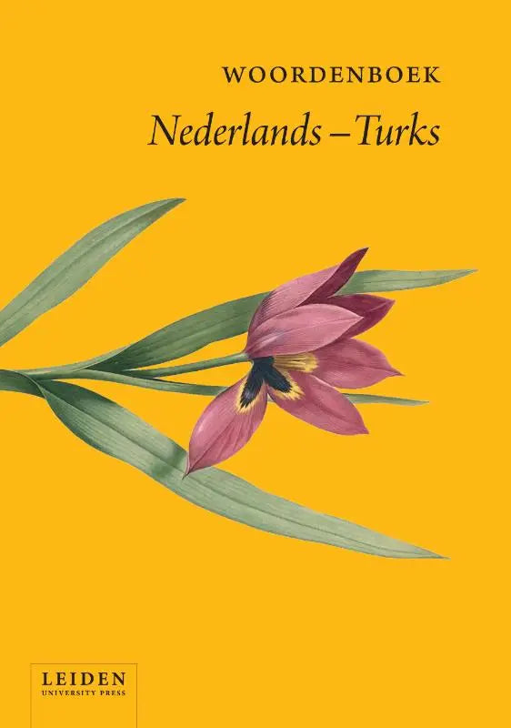 Vibrant geel woordenboek nederlands-turks met delicate paarse tulp illustratie door leiden university press