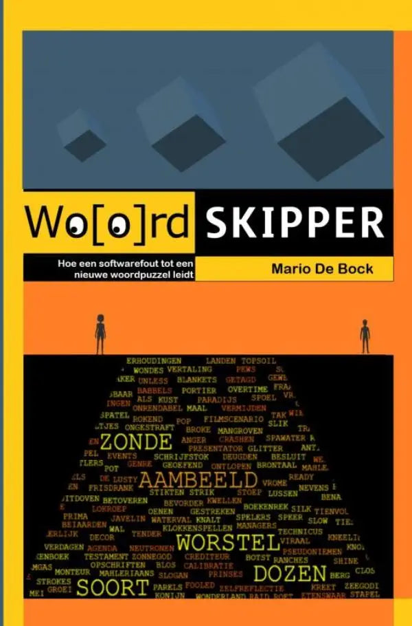 De boekcover van woordskipper toont zwarte tekst op geel en blauw met de titel en nieuwe taalpuzzel leidt centraal