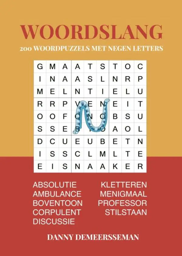 Een levendige oranje en rode boekcover van Woordslang met een woordzoeker en de letter n gemarkeerd in blauw voor negen letters