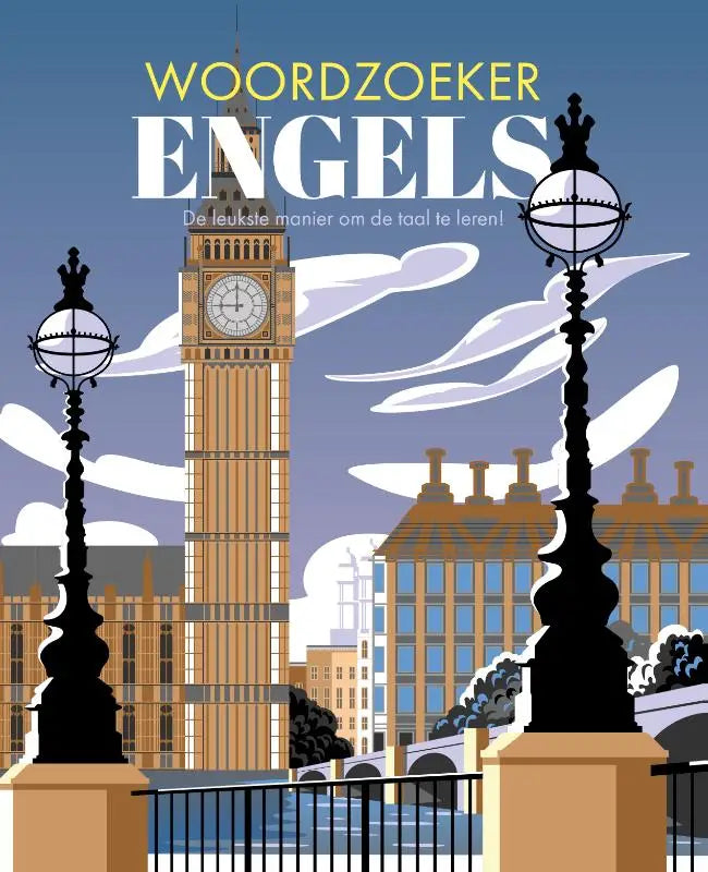 Stylized illustratie van elizabeth tower in warme beige tinten met klok en details voor woordzoeker engels product