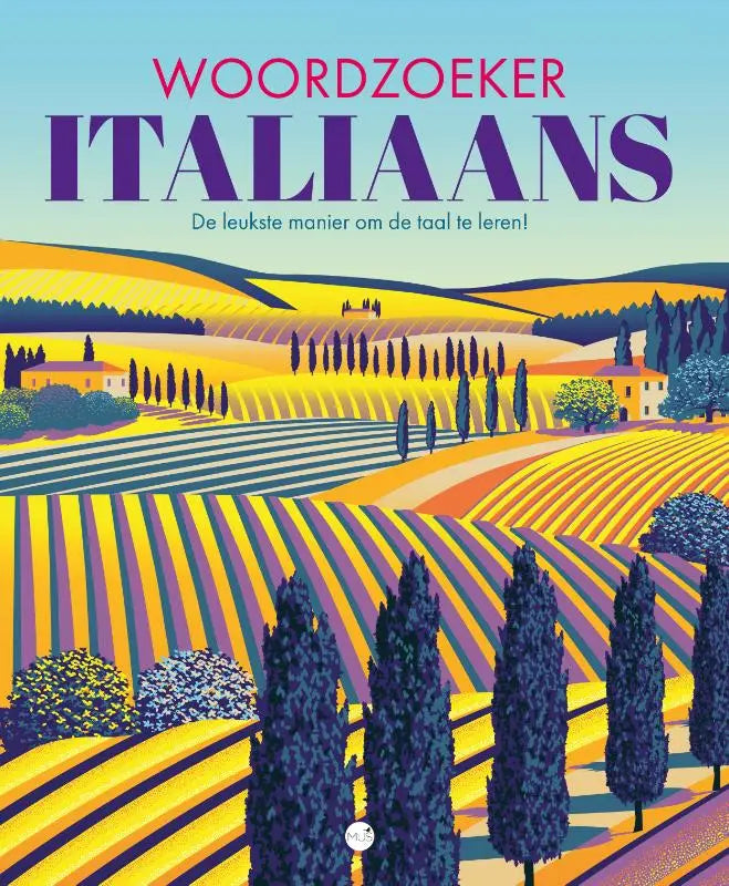 De woordzoeker italiaans boekomslag toont een levendige illustratie met gouden en paarse velden en italiaanse villa’s