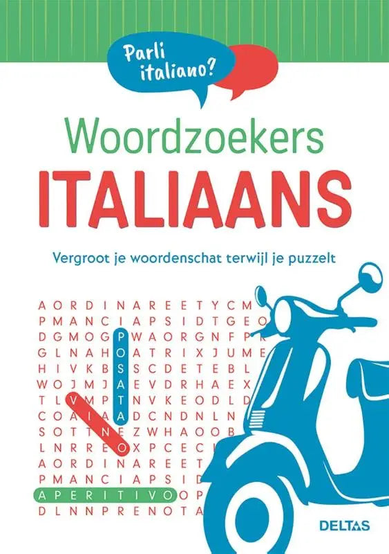 Illustratie van een blauwe scooter op de voorkant van een woordzoekers italiaans boek voor het vergroten van woordenschat