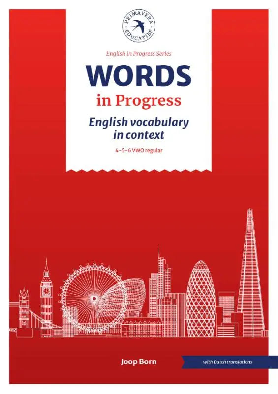 Rood boek met witte lijntekening van londens skyline getiteld words in progress door joop born voor engels vocabulary