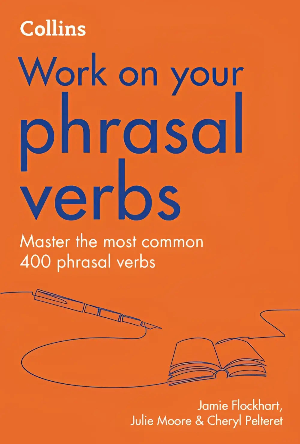 Oranje bedekte collins werkboek work on your phrasal verbs met blauwe tekst en lijntekeningen van pen en open boek