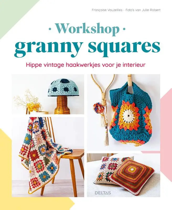 Vibrante meerkleurige gehaakte workshop granny squares deken gedrapeerd over een houten stoel