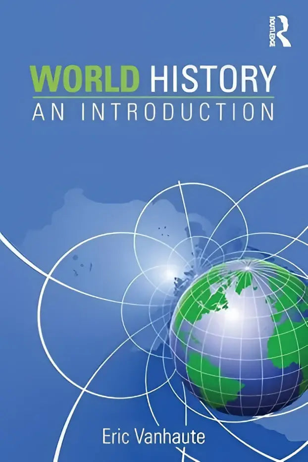 Blauwe en groene globe grafiek op blauwe achtergrond met titel wereldgeschiedenis een introductie in witte tekst