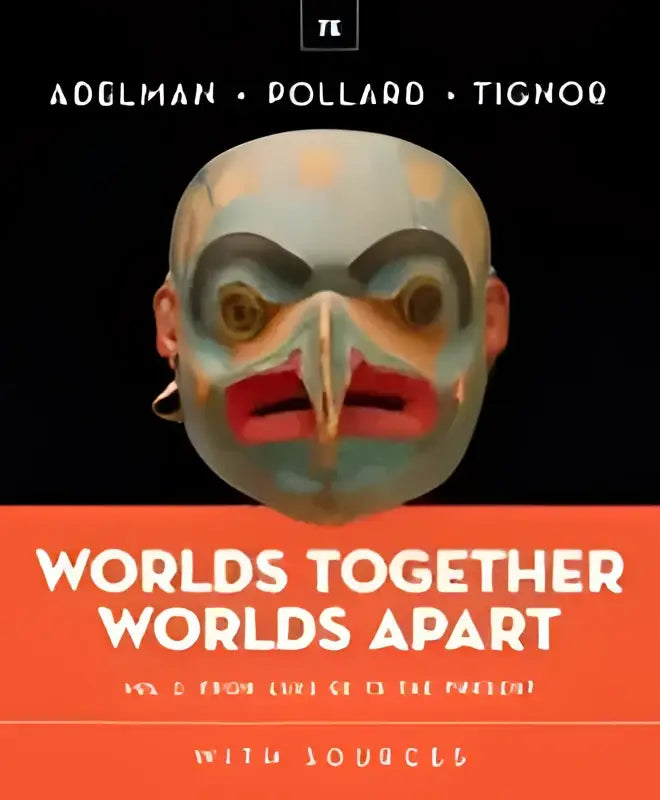 De boekomslag van Worlds together worlds apart toont een kleurrijk beschilderd houten masker met rode en zwarte accenten