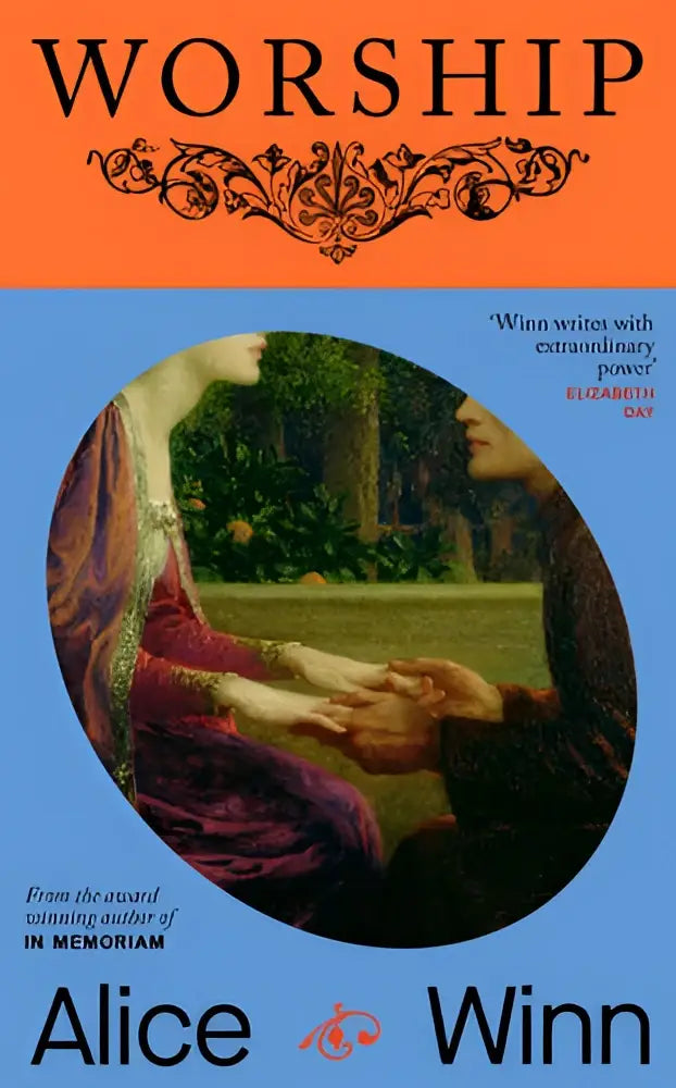 De boekcover van worship door alice winn toont een oranje achtergrond en een cirkel met twee mensen die handen vasthouden in romantische fantasy mythen en legendes stijl