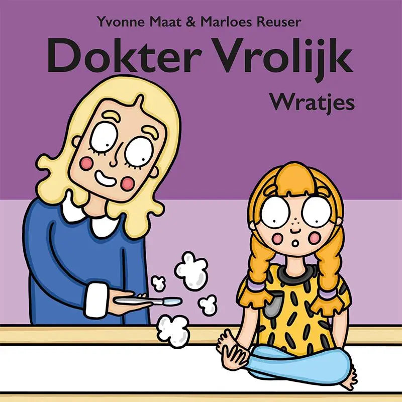 Blauwe trui met witte kraag gedragen door cartoonvrouw in wratjes product van dokter vrolijk