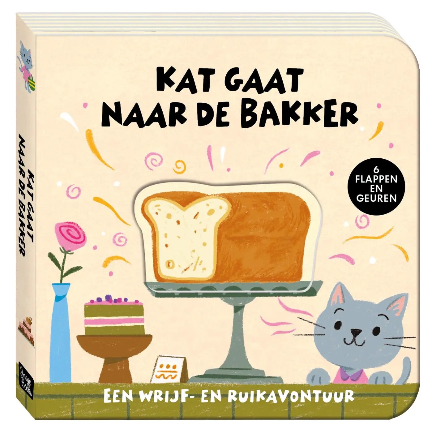 Een zachte beige kartonnen kinderboek kat gaat naar de bakker met geur- en voelplezier voor jonge lezers