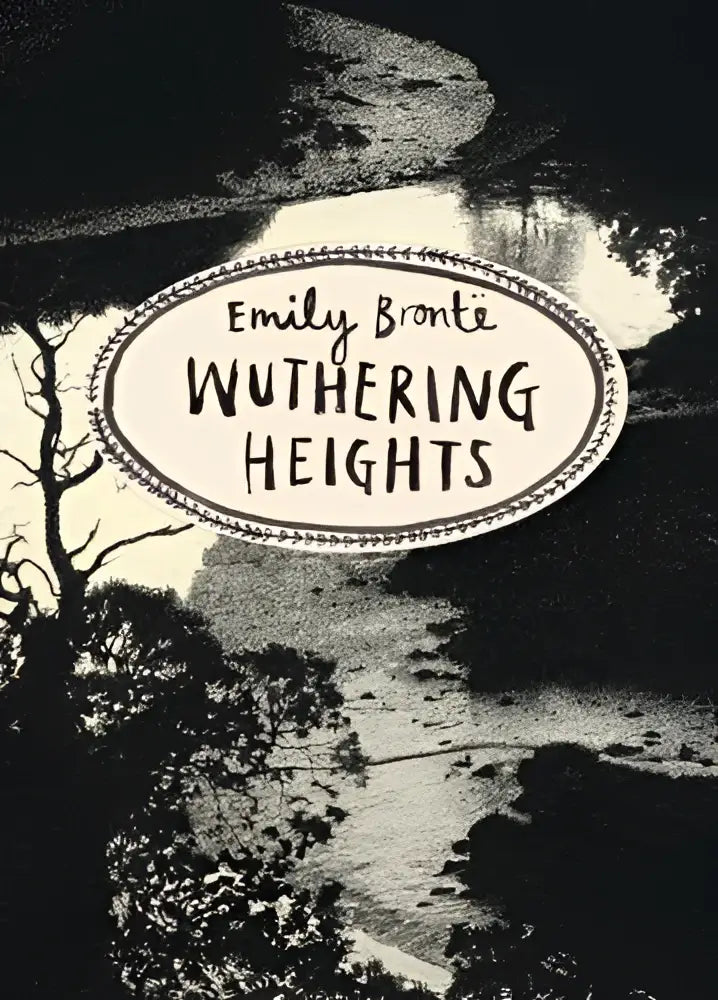 Zwart-witte ovale vintage classics bronte boekomslag wuthering heights door emily brontë met sfeervol landschap