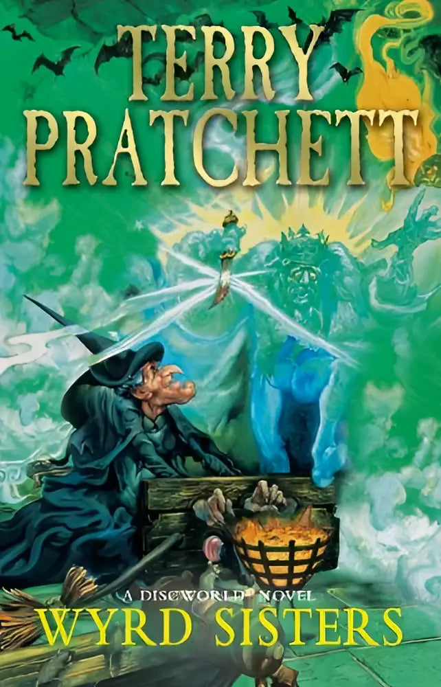 De cover van het boek wyrd sisters discworld novel toont een heks in donkere gewaden voor een kist met gloeiende oranje voorwerpen