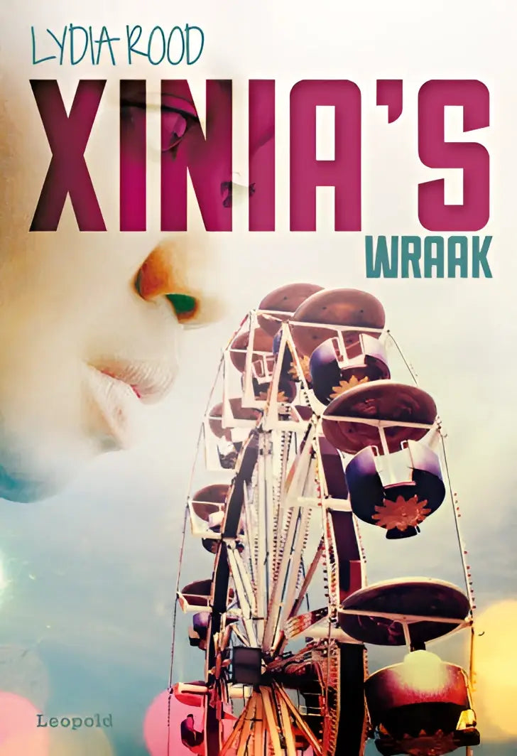 A vibrant pink and purple ferris wheel with circular gondolas featured on the cover of xinia’s wraak by lydia rood nederlandstalig paperback