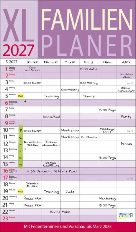 Purple xl familienplaner 2027 mit ferienterminen und 6 breiten spalten für familienkalender mit handschriftlichen einträgen