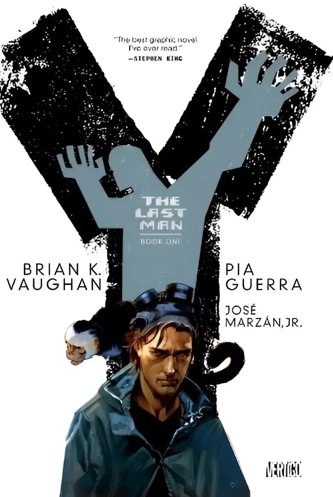 Graphic novel cover of the last man book one featuring a black and white illustration of a man in a dark jacket