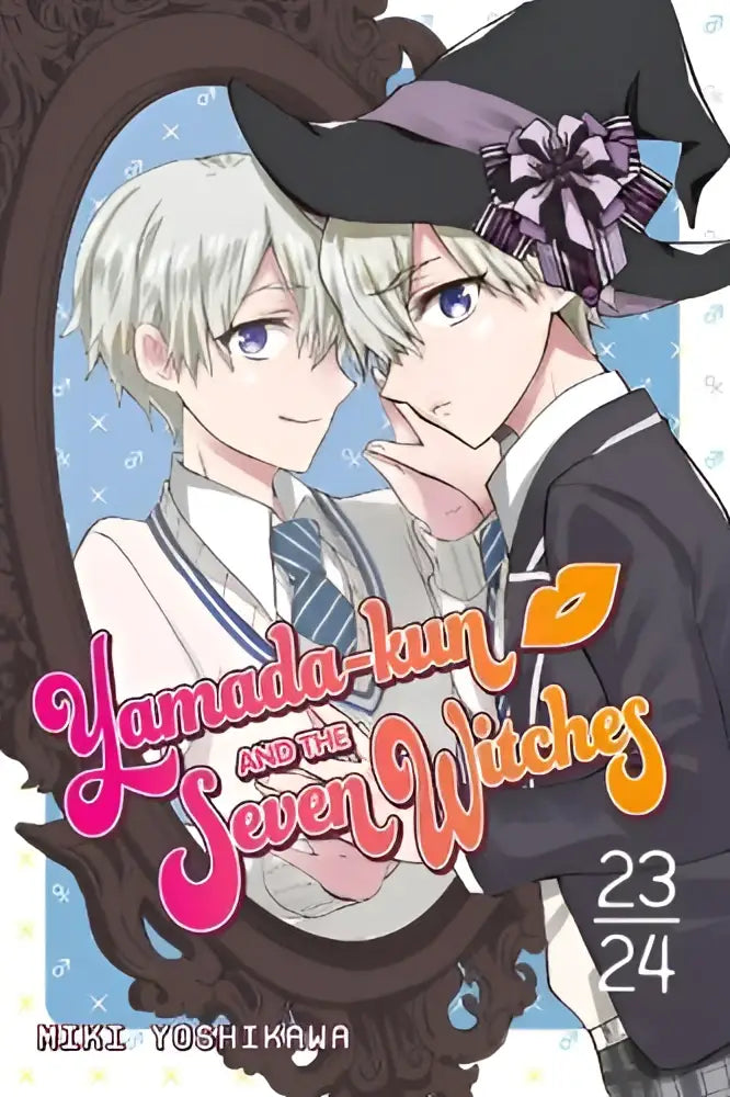De cover van de manga yamada-kun and the seven witches 23-24 toont twee animepersonages in schooluniform, één draagt een zwarte tovenaarsmuts met een paarse strik