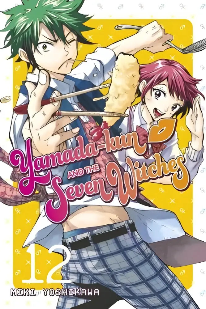 De kleurrijke cover van yamada-kun & the seven witches 12 toont twee personages met groen en roze haar tegen een gele achtergrond