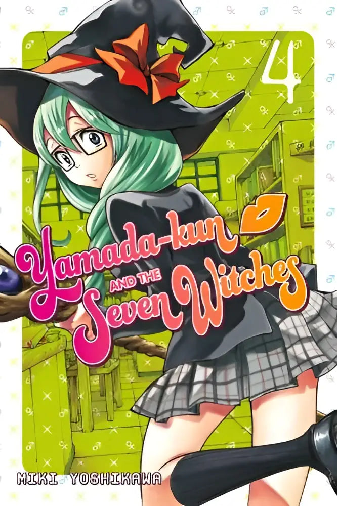 Cover van de vierde volume van yamada-kun & the seven witches manga met een groene heks in zwarte hoed en oranje strik
