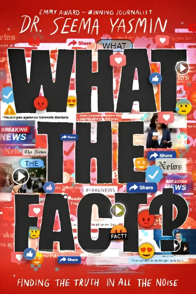 Rode boekomslag van what the fact met vetgedrukte zwarte titel en collage van sociale media-iconen en nieuwsbeelden