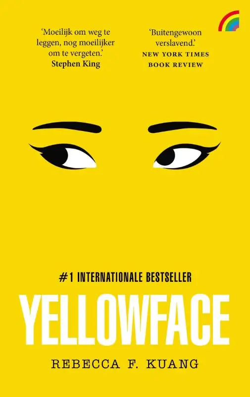 Bright geel boekomslag met gedurfde zwarte ogen en winged eyeliner titel yellowface van rebecca f