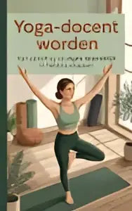 Vrouw in groene tanktop en zwarte legging neemt yoga houding aan op één been voor spiegels heldere stappen naar yoga-docent