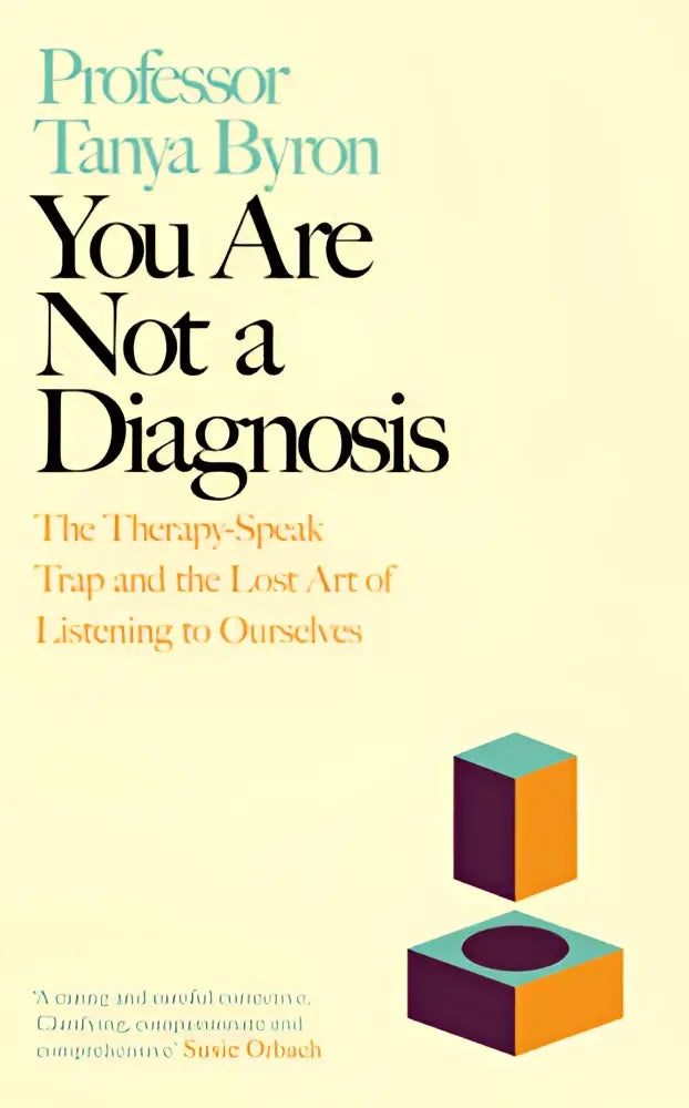 De boekcover van you are not a diagnosis toont zwarte tekst op geel met kleurrijke geometrische vormen