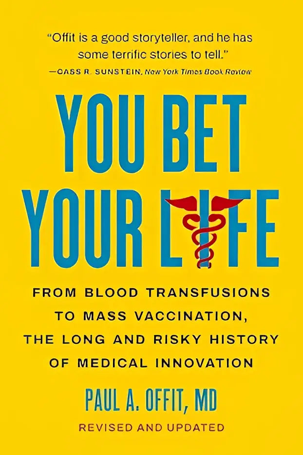 Heldergele boekomslag met de titel you bet your life in vet blauwe letters en een rood-witte caduceus voor medische innovatie