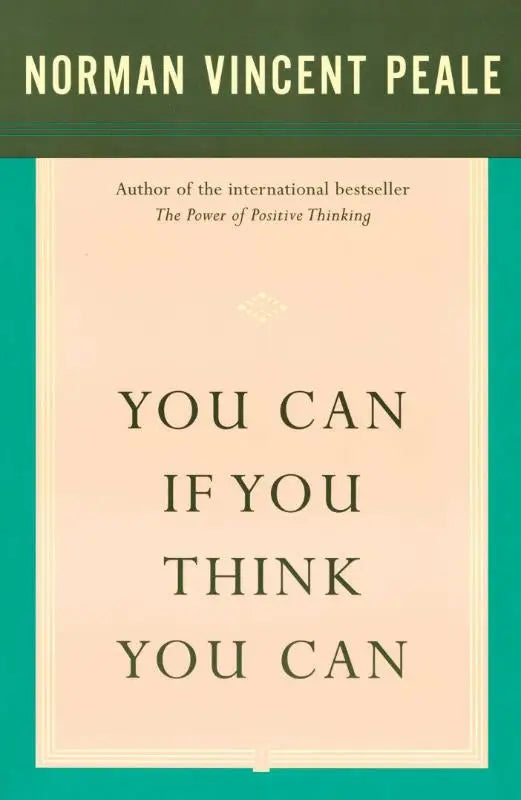 Een zacht perzikkleurig boek you can if you think you can met een blauwe rand en zwarte serif titel van norman vincent peale