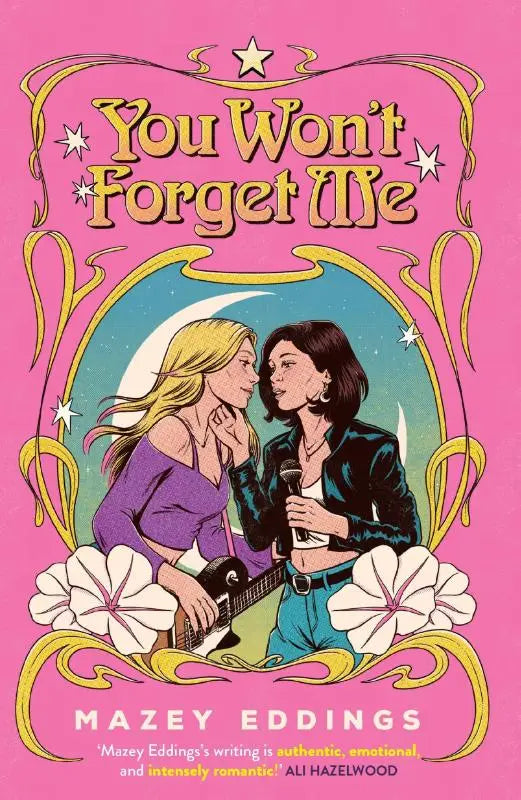 Roze boekcover van you won’t forget me met gestileerde illustratie van twee vrouwen en gouden sierlijst