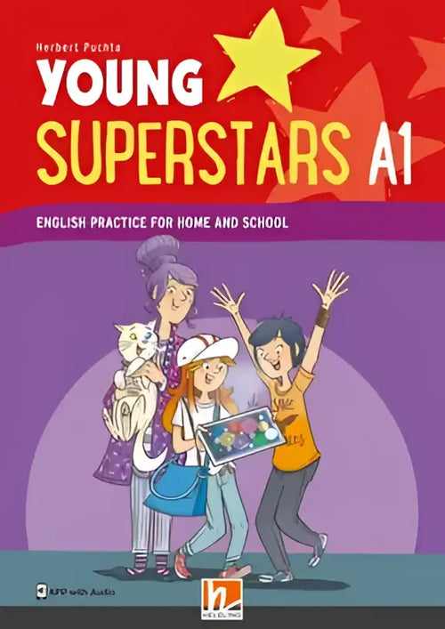 Young superstars A1 lesboek met kleurrijke cartoons op paarse cover