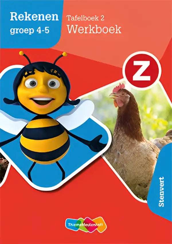 Z-rekenen stenvert met vrolijke gele en zwarte cartoonbij en bruine kip op de omslag