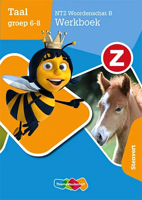 Bluww and orange children workbook cover with a crowned cartoon bee for z-taal groep by uitgeverij zwijsen exact vakken