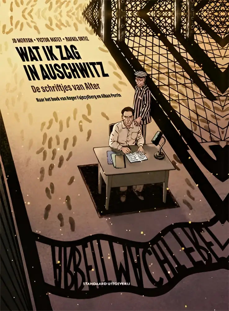 De boekomslag van wat ik zag in auschwitz toont een sepia-illustratie van twee mannen in gestreepte uniformen