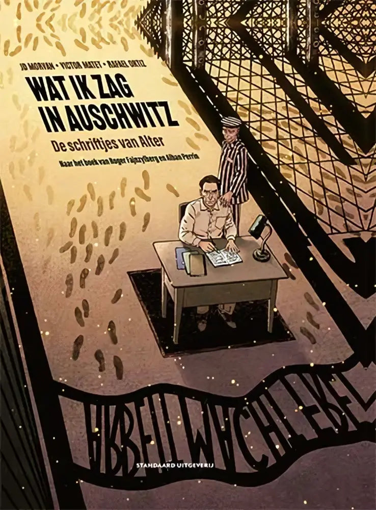 De boekcover van wat ik zag in auschwitz toont een sepia illustratie van twee mannen in gestreepte uniformen door jean-david morvan en victor matet strips algemeen